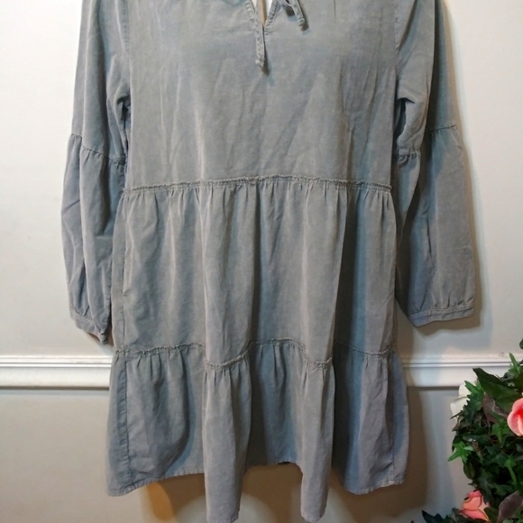 Sundance Dylan Boho Sage Green, Long Sleeved, Tiered Skirt Corduroy Mini Dress - Picture 4 of 14